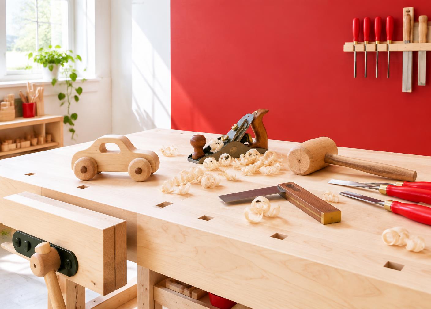 A pale maple workbench set up for a kids' class: a wooden toy car, a hand plane, a mallet, a try square and fresh wood shavings, with a bold red wall behind.