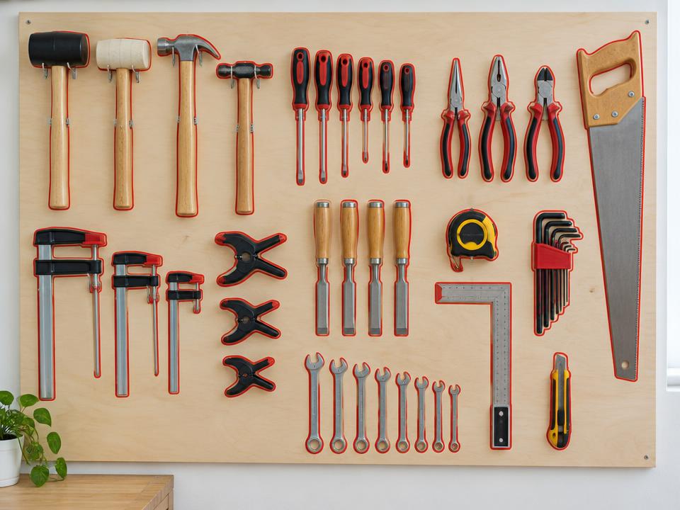 A pale plywood shadow board with hand tools hung in neat rows, each tool outlined in red so its place is obvious.